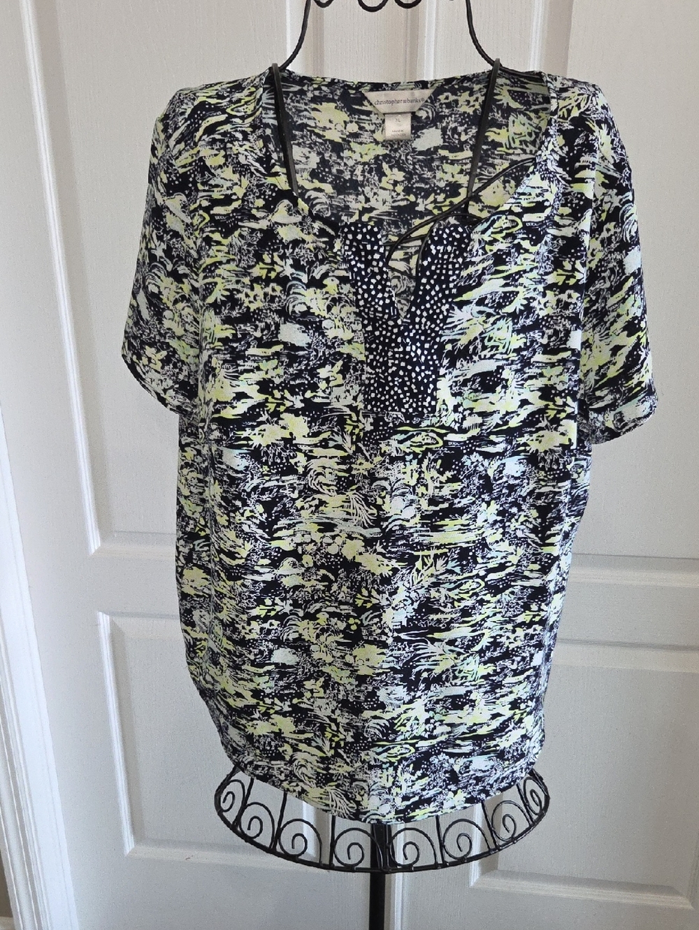 Christopher & Banks Navy and Lime Abstract V-Neck Blouse